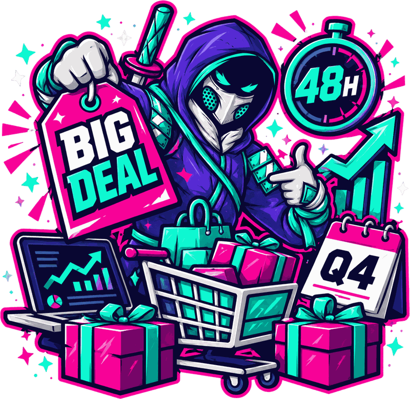 Profit Ninja mascot holding a Big Deal tag, with a 48h timer, a shopping cart full of gifts and a Q4 calendar
